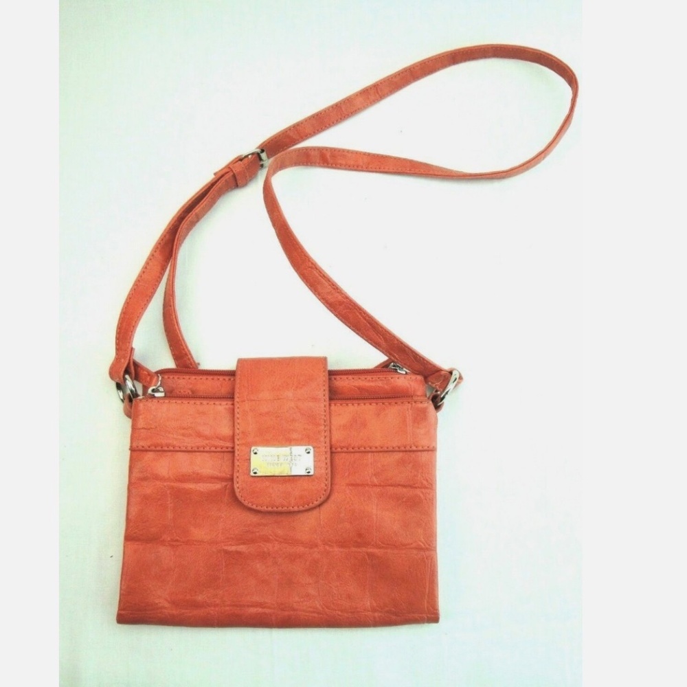 Nine West Coral Red Faux Leather Crossbody FoldOver Purse Travel Pockets Compact